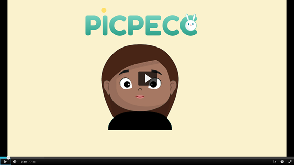 Bild som visar Piccpecc-appens första sida, en flicka som förklarar