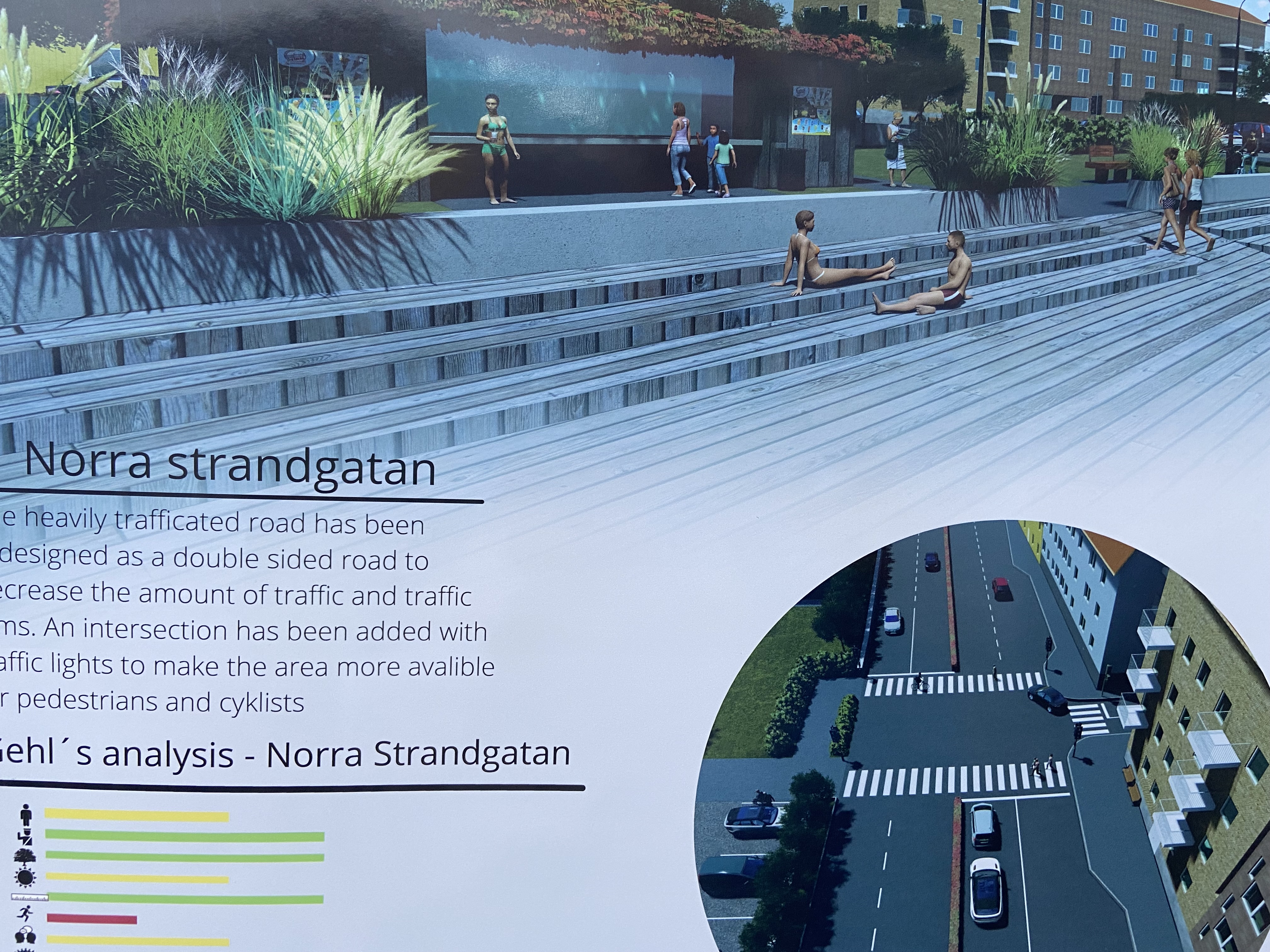 Several students have chosen to highlight Vätterstranden along Norra Strandgatan in different ways, here through a large wooden deck.