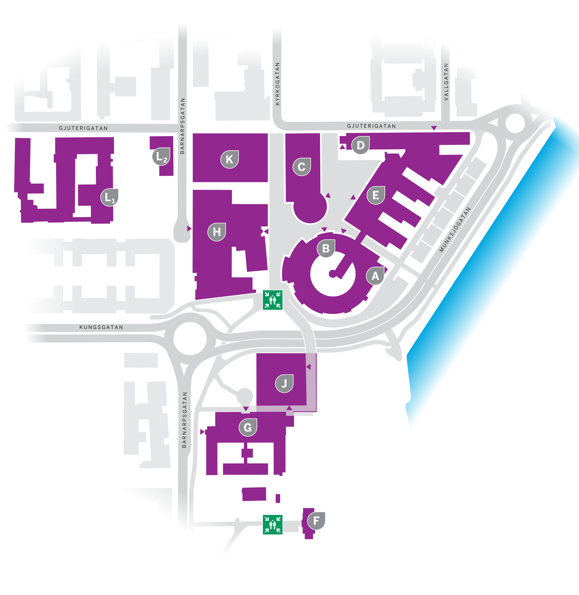 Karta över återsamlingsplatser på campus