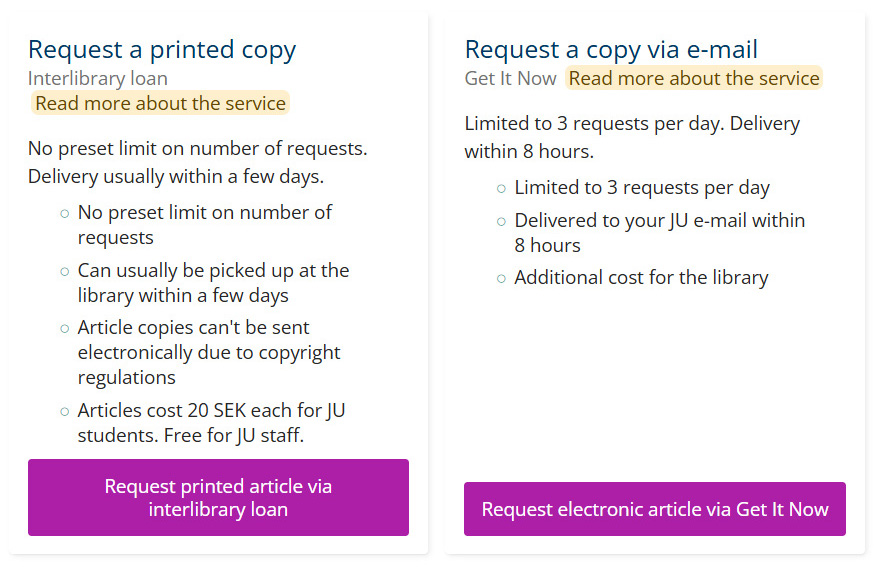 A screenshot displaying ordering options for a resource in Primo. There are two boxes with options. The options are a printed copy via interlibrary loan or an electronic copy via Get It Now. Each box has a title, a list of restrictions and information about the option, and a button below to proceed with the chosen request option.