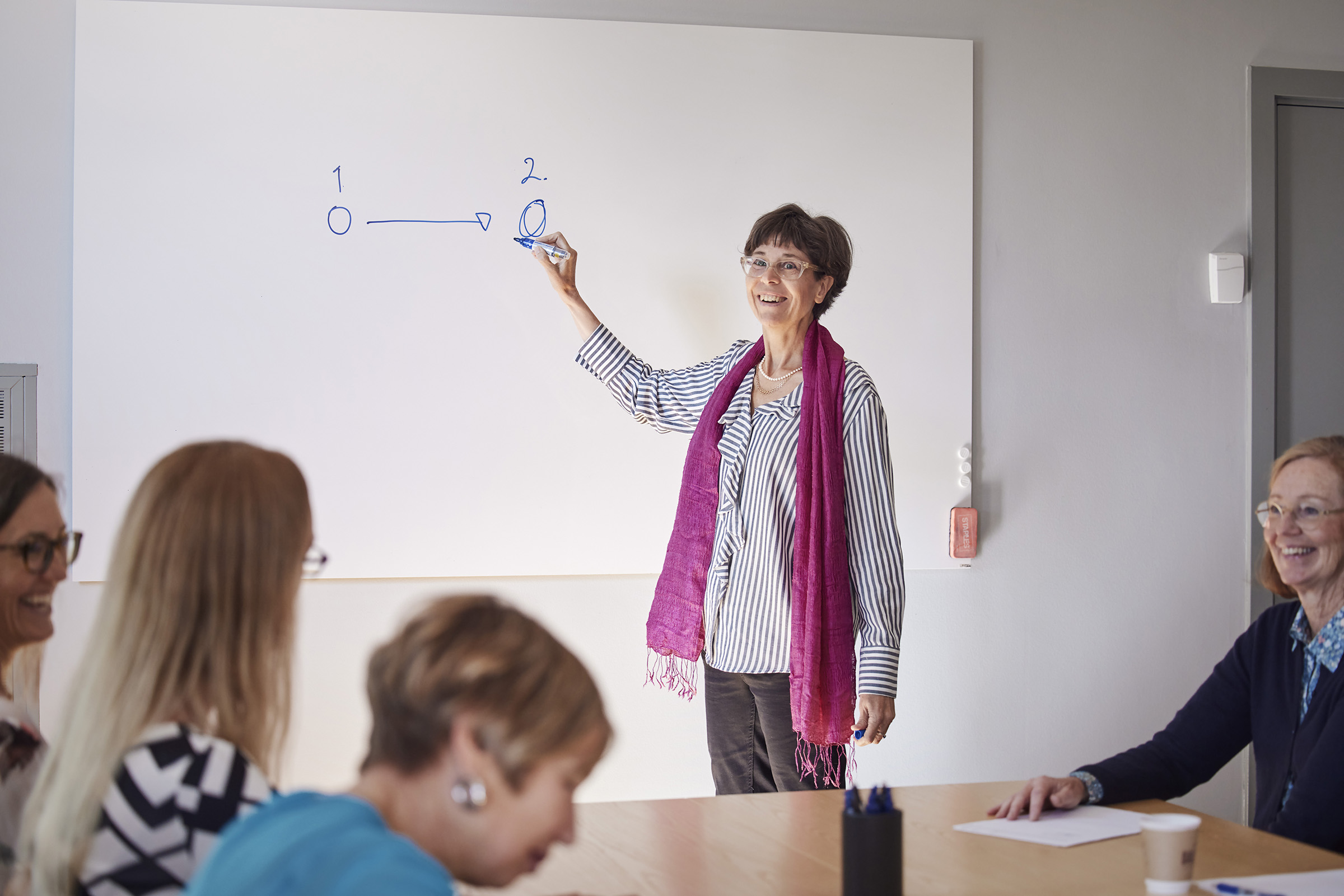 Kvinna står framför en whiteboard och undervisar
