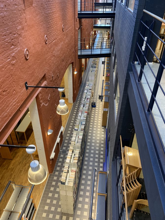 Temporary shelves in the library during the renovation.