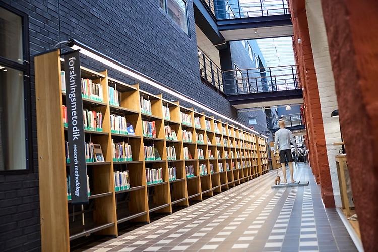 A bookshelf containing research methodology. Behind the shelf is a blue wall and the floor in front of the shelf is checked in gray and white. You can also see a statue of a boy from afar.