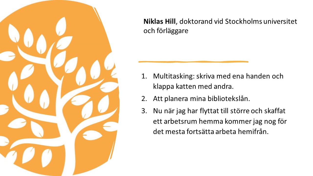 Niklas Hill, doktorand vid Stockholms universitet
och förläggare.

1.   
Multitasking: skriva med ena
handen och klappa katten med andra.

2.   
Att planera mina
bibliotekslån. 

3.   
Nu när jag har flyttat till
större och skaffat ett arbetsrum hemma kommer jag nog för det mesta fortsätta
arbeta hemifrån. 