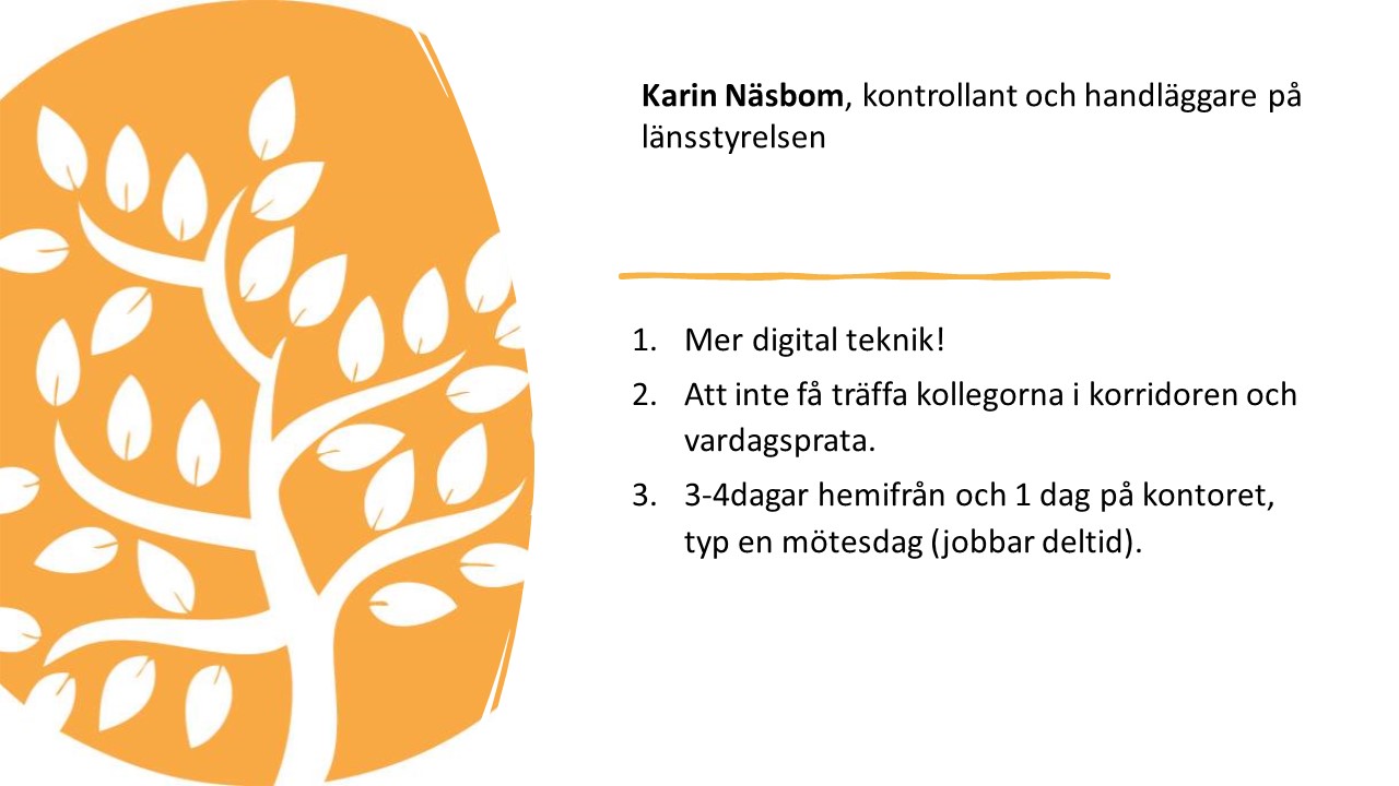Karin Näsbom, kontrollant och handläggare på
länsstyrelsen.

1.   
Mer digital teknik!

2.   
Att inte få träffa kollegorna i korridoren och vardagsprata.

3.   
3-4dagar hemifrån och 1 dag på kontoret, typ en mötesdag
(jobbar deltid).