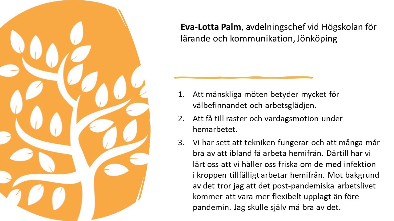 Eva-Lotta Palm, avdelningschef vid Högskolan för lärande och kommunikation,
Jönköping. 

1.   
Att mänskliga möten betyder mycket för välbefinnandet och
arbetsglädjen.

2.   
Att få till raster och vardagsmotion under hemarbetet. 

3.   
Vi har sett att tekniken fungerar och att många mår bra av
att ibland få arbeta hemifrån. Därtill har vi lärt oss att vi håller oss friska
om de med infektion i kroppen tillfälligt arbetar hemifrån. Mot bakgrund av det
tror jag att det post-pandemiska arbetslivet kommer att vara mer flexibelt
upplagt än före pandemin. Jag skulle själv må bra av det.
