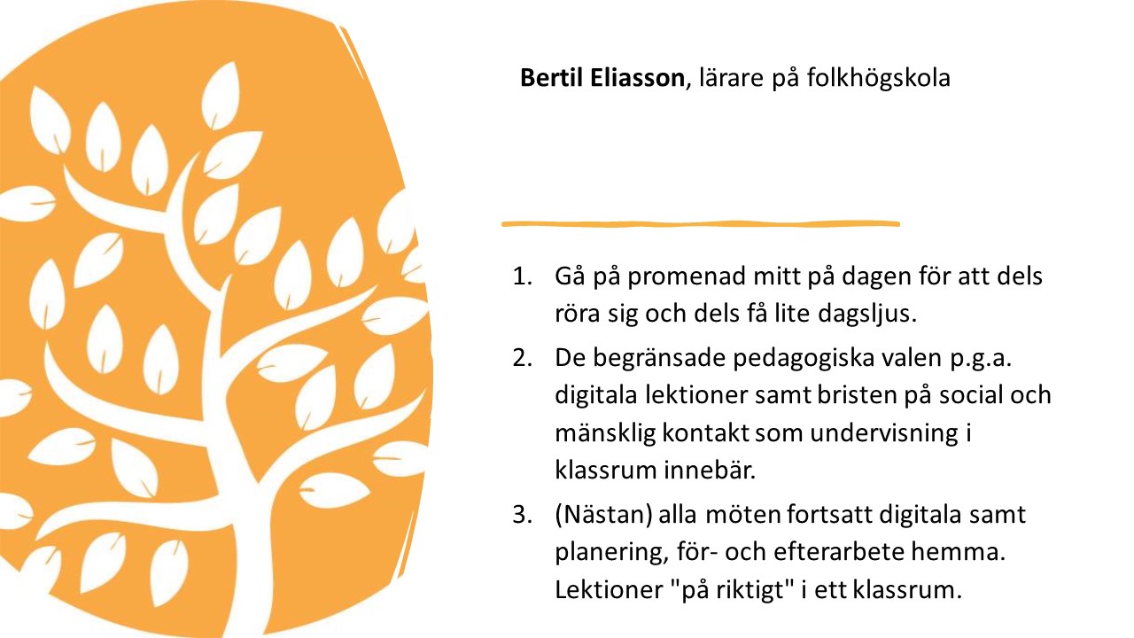 Bertil Eliasson, lärare
på folkhögskola.

1.   
Gå på
promenad mitt på dagen för att dels röra sig och dels få lite dagsljus. 

2.   
De
begränsade pedagogiska valen p.g.a. digitala lektioner samt bristen på social och mänsklig
kontakt som undervisning i klassrum innebär.

3.   
(Nästan) alla möten fortsatt digitala samt planering, för-
och efterarbete hemma. Lektioner "på riktigt" i ett klassrum.