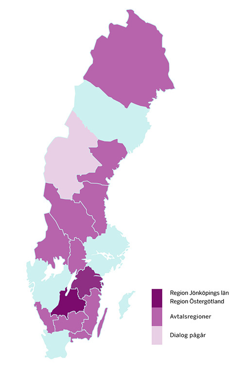 Sverigekarta över de regioner som har tecknat avsiktsförklaringar
