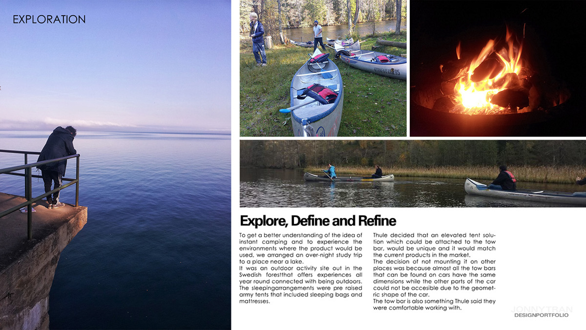 Exploration: The team camping to get a better understanding of the target group. Pictures of canoes, rivers and camp fires