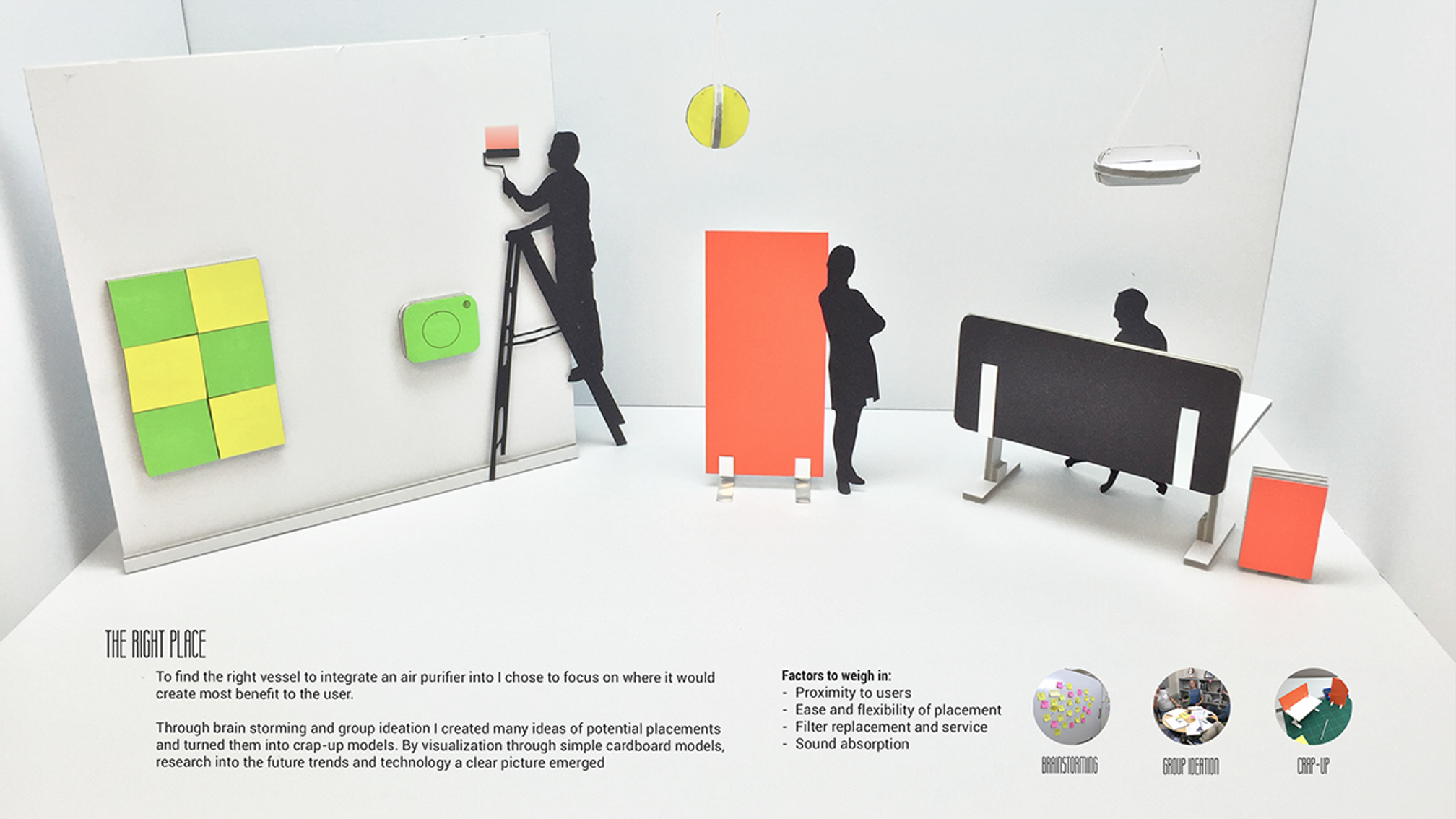 Different positions and designs of air purifiers in an office space. As wall decorations, behinds desk etc.