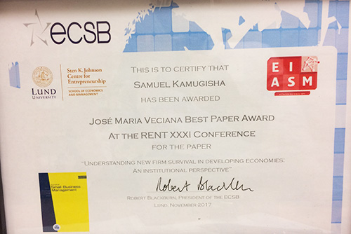  Jose Maria Veciana Best Paper Award diploma close up