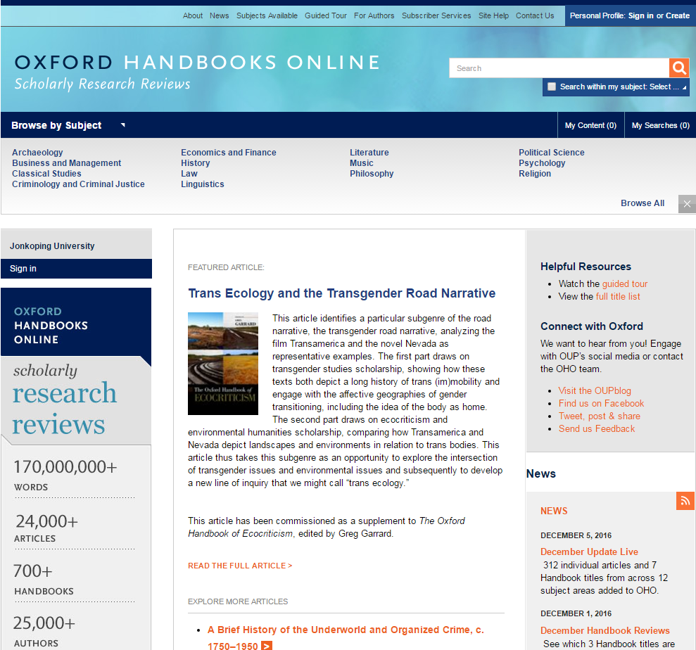 Screenshot showing the website of Oxford Handbooks Online
