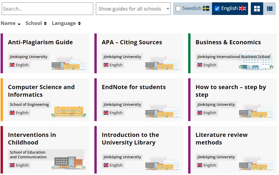 A screenshot of the library's listing of guides. On the picture a toolbar can be seen that enables searching and filtering the list of guides. Below that there is a grid of guides where each guide is designed to highlight the school it is for. Each guide has an illustration of the relevant school building.