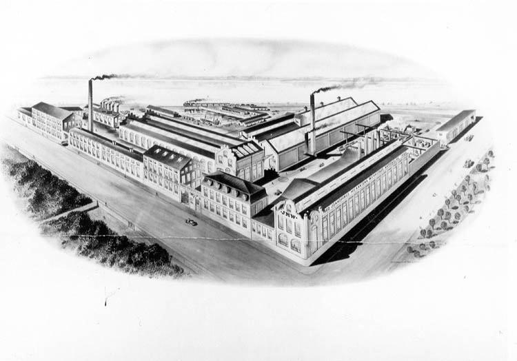 Teckning från 1910-talet över det fabriksområde som idag är högskolecampus. Gjuterihallen, nuvarande Högskolebiblioteket i nedre högra hörnet. Foto från Jönköpings läns museum.
