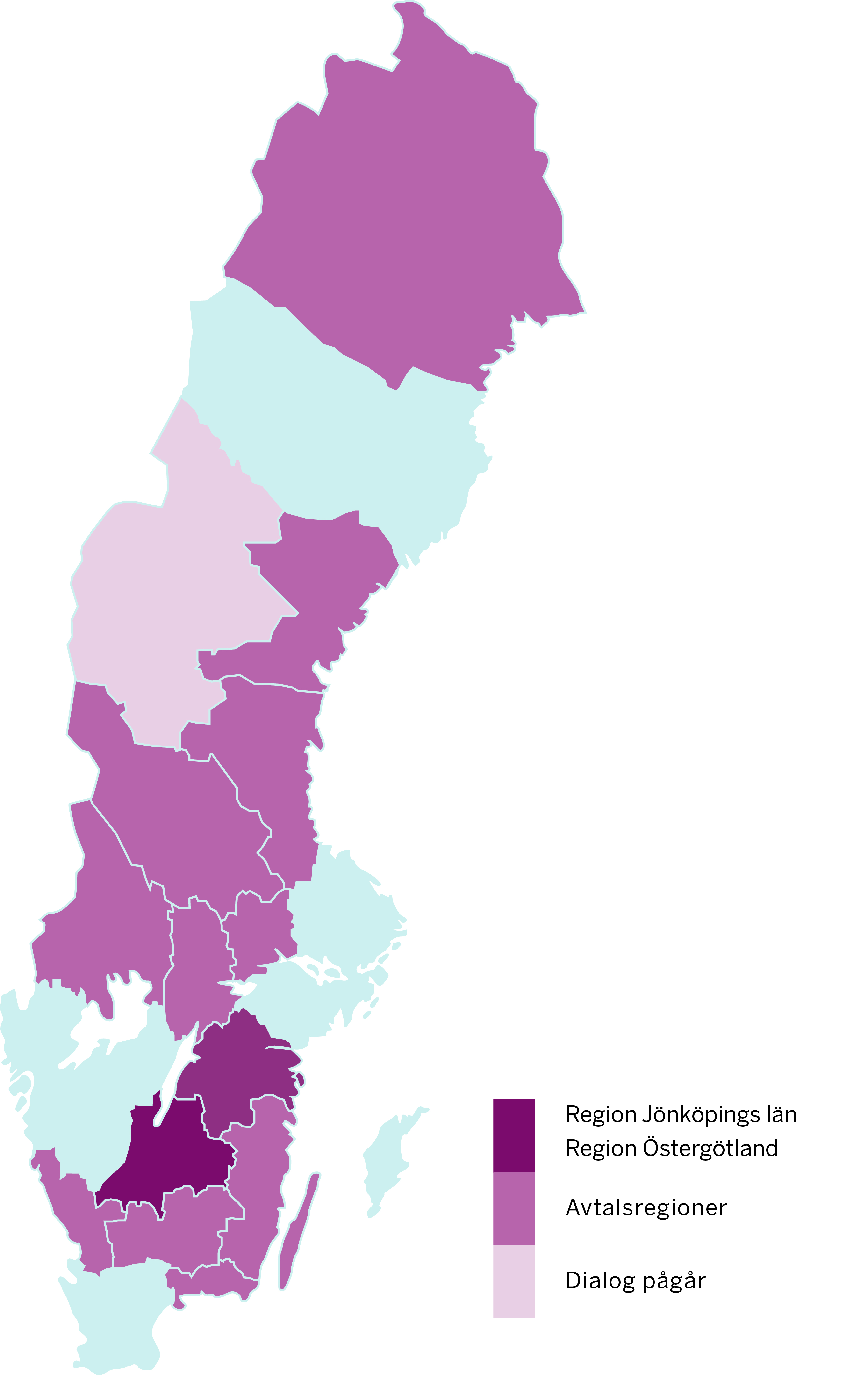 Karta över Sverige som illustrerar vilka regioner som stödjer en ny tandläkarutbildning.