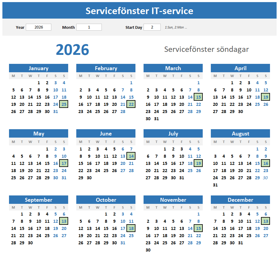 Calendar with days marked for maintenance work
