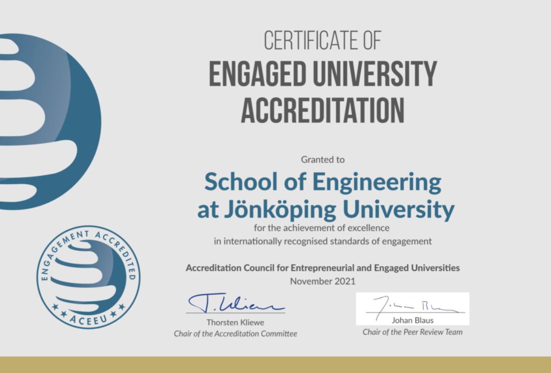 A picture of the certificate of the Engaged University Accreditation granted to the School of Engineering.