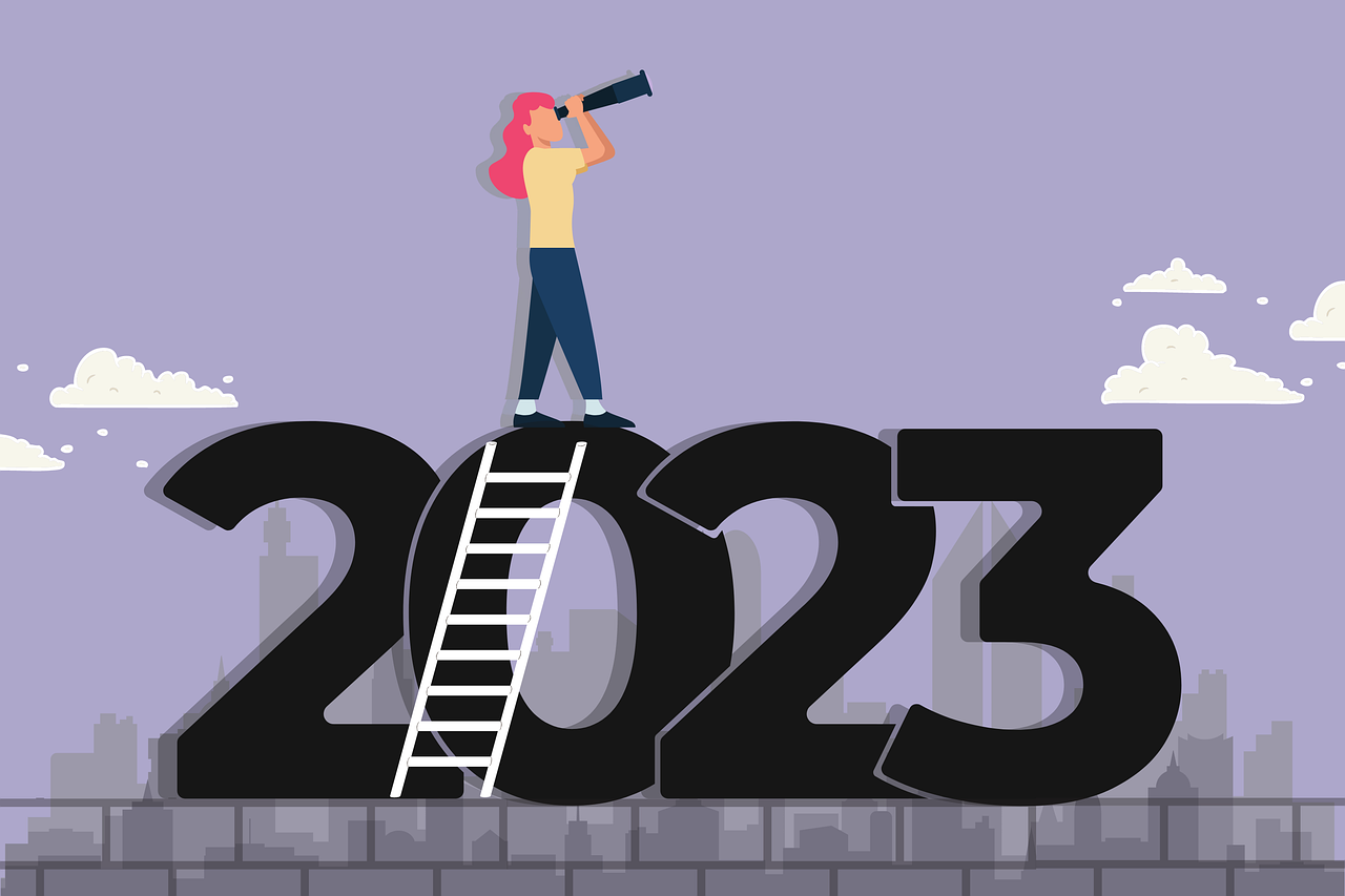 Bild med siffrorna 2023, där en tecknad person har ställt en stege och klättrat upp på siffrorna med en kikare. 