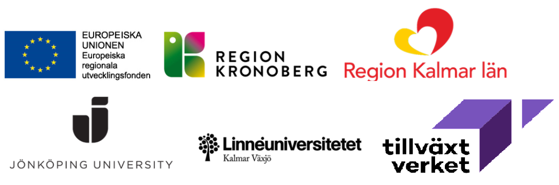 Logotyper: Europeiska regionala utvecklingsfonden, Region Kronoberg, Region Kalmar Län, Jönköping University, Linnéuniversitetet, Tillväxtverket