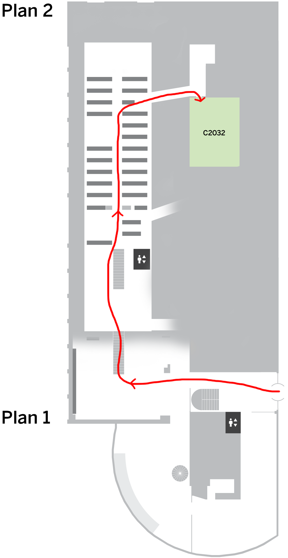 En karta som visar hur man tar sig från entrén till sal 2032 med en röd linje. Linjen går in vid entrén, in i biblioteket och svänger sen höger upp för trapporna till plan 2. därefter följer den korridoren mellan bokhyllorna bort till den norra delen av biblioteket där den svänger höger över bron.
