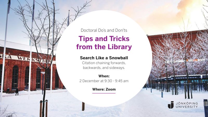 University campus with the overlayed text: Doctoral Do's and Don'ts. Tips and Tricks from the Library. Search Like a Snowball. Citation chaining forwards, backwards, and sideways. When: 2 December at 9:30 to 9:45 am. Where: Zoom