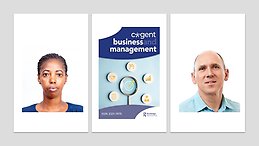 Split image featuring the cover of "Cogent Business and Management" journal by Routledge on the left and a middle-aged man in a light blue shirt against a white background on the right.