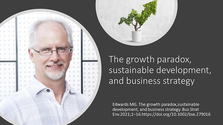 Smiling Man and text The growth paradox, sustainable development, and businessstrategy