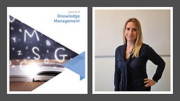 Journal cover for the Journal of Knowledge Management side by side with an image of a woman smiling toward the camera